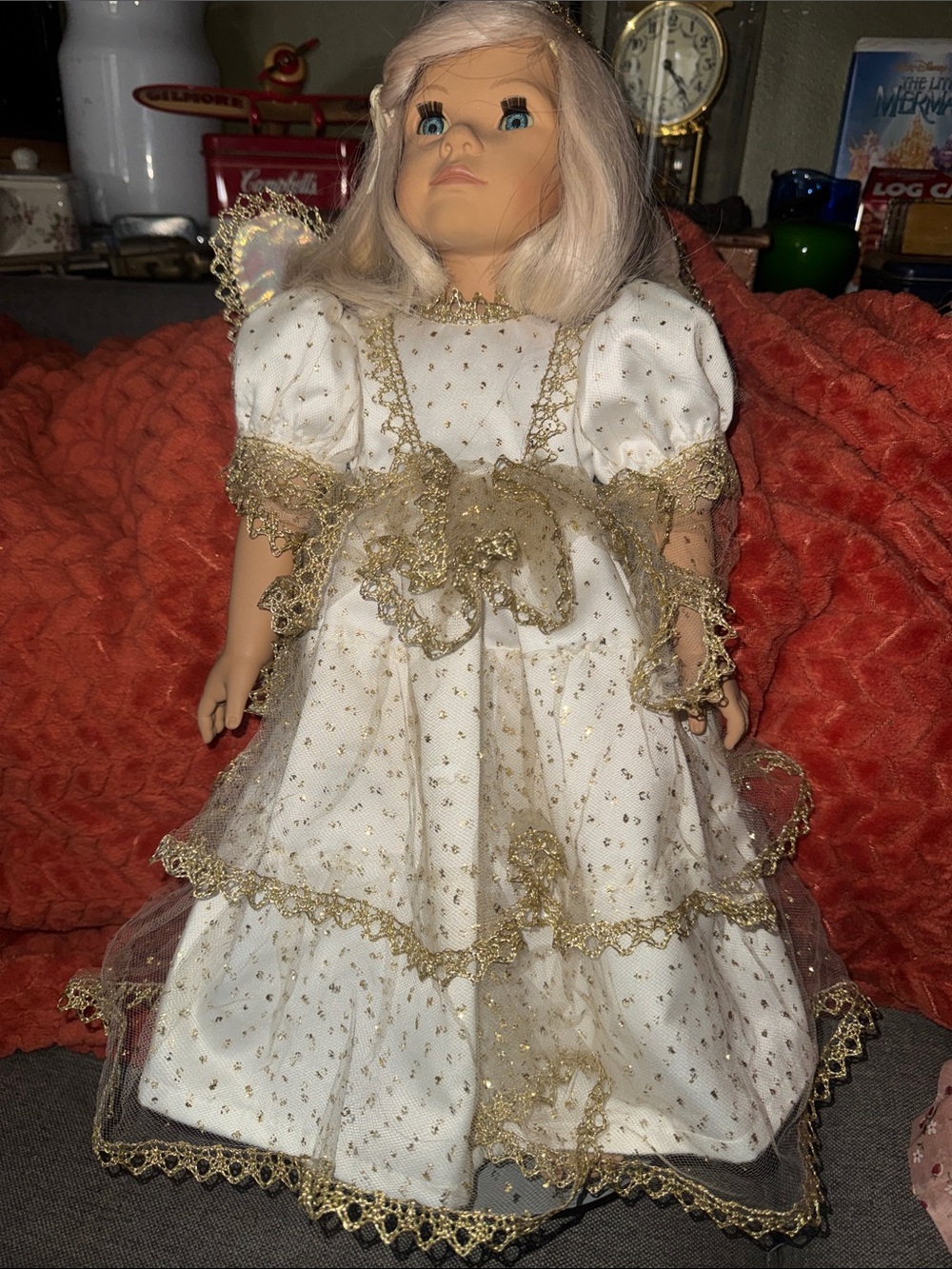 Vintage 21" Golden Angel Collector Doll | Sparkling White & Gold Gown with Wings